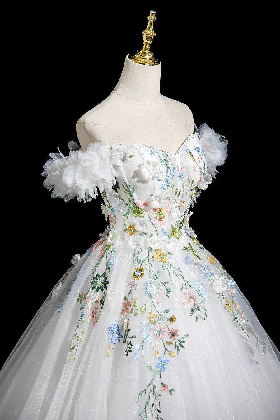 Elegant White Floral A-Line Off the Shoulder Long Party Dress Evening Prom Dress