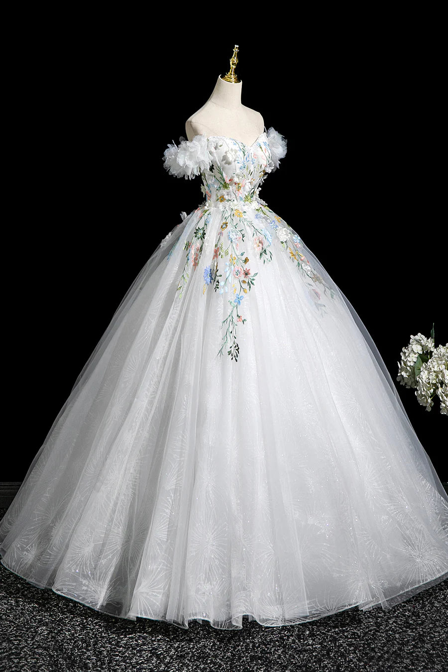 Elegant White Floral A-Line Off the Shoulder Long Party Dress Evening Prom Dress