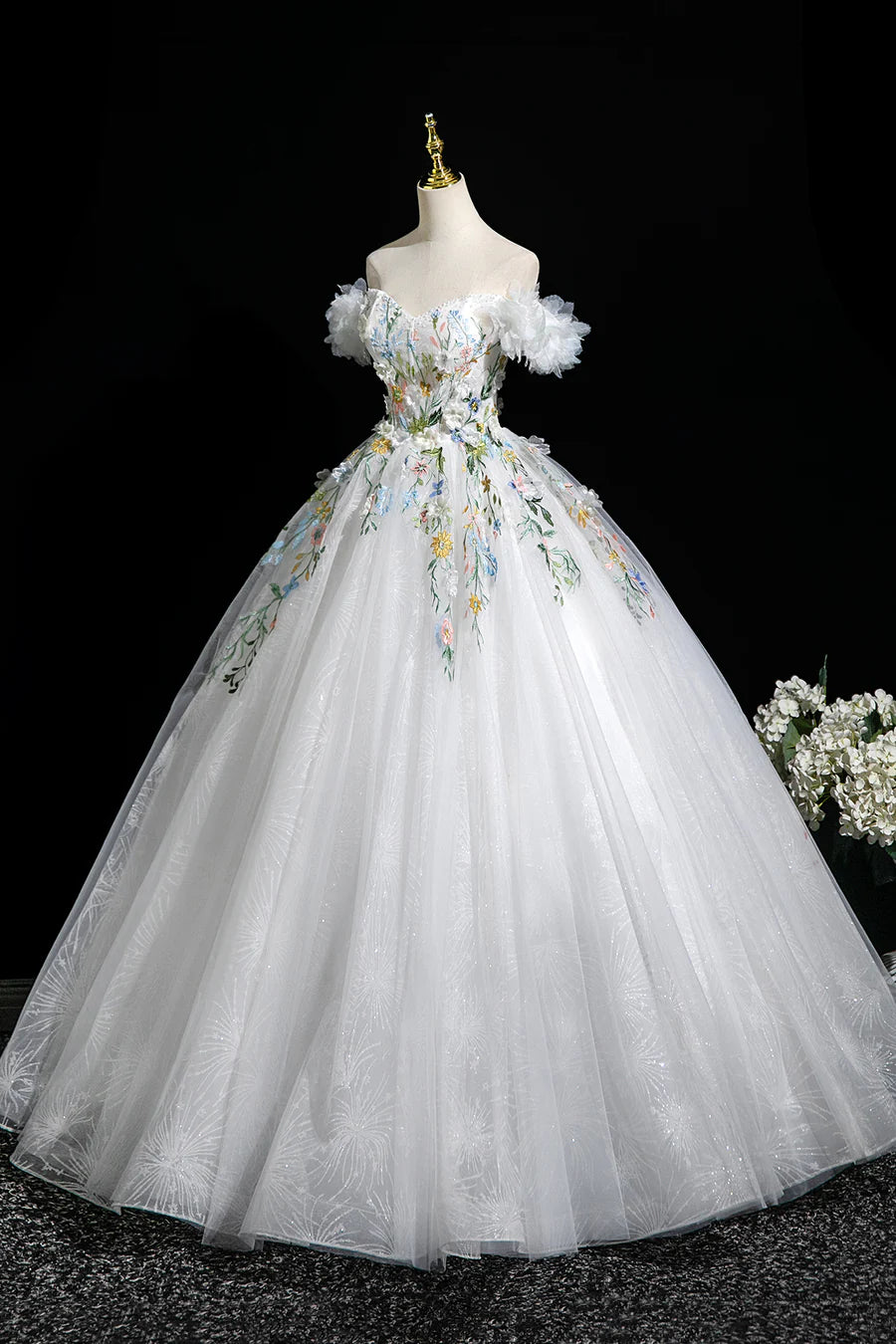 Elegant White Floral A-Line Off the Shoulder Long Party Dress Evening Prom Dress