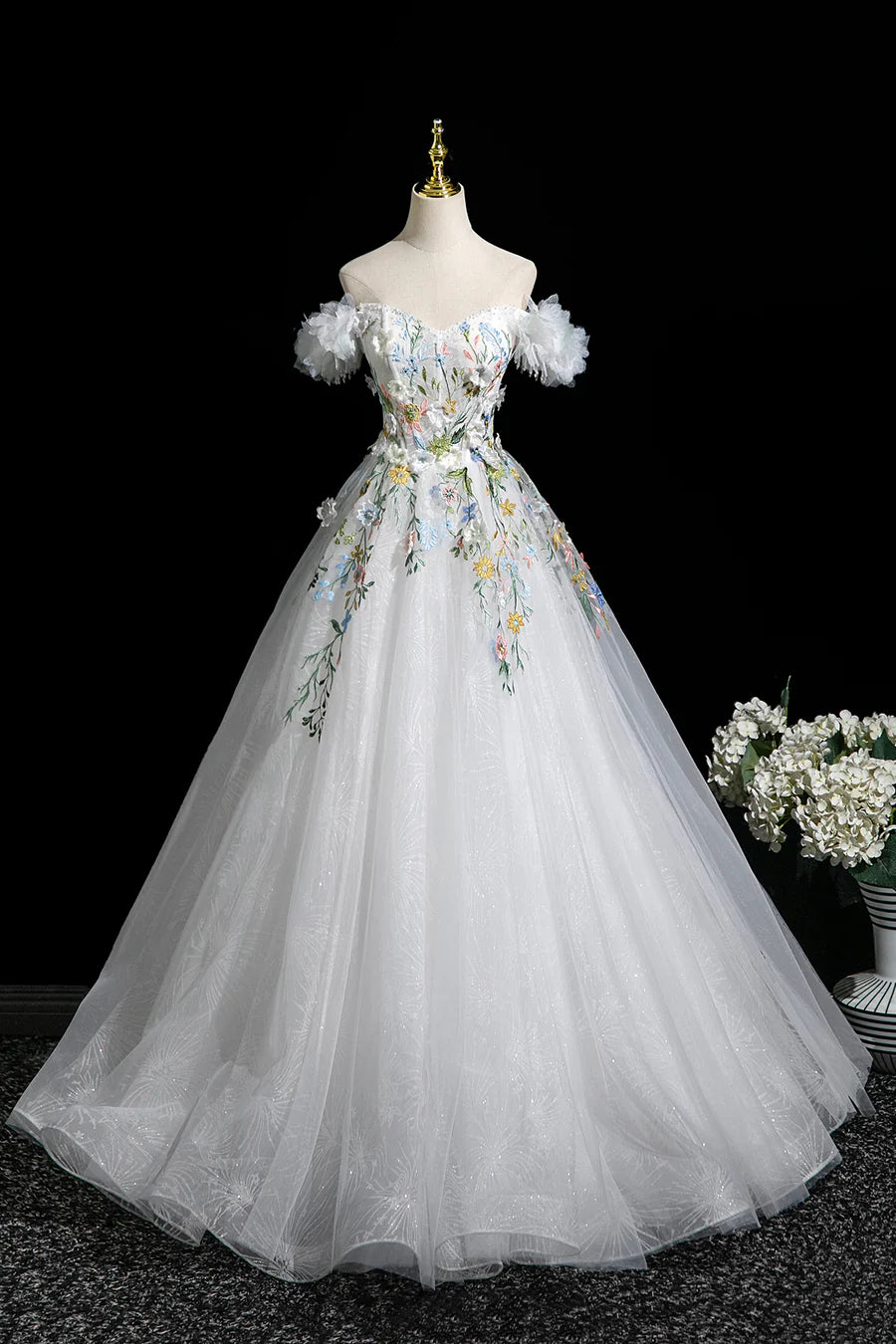 Elegant White Floral A-Line Off the Shoulder Long Party Dress Evening Prom Dress