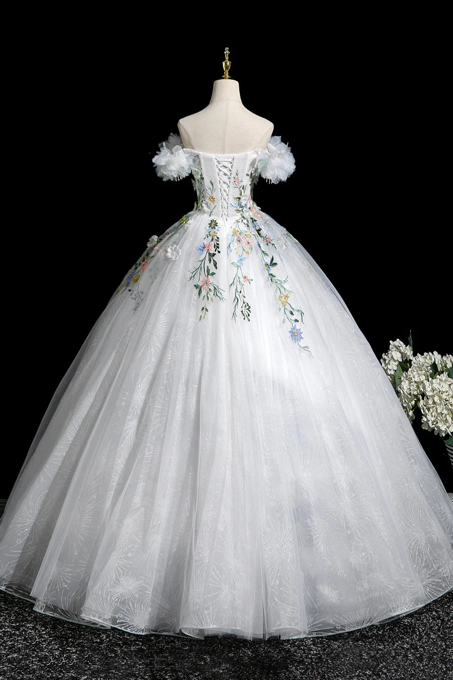 Elegant White Floral A-Line Off the Shoulder Long Party Dress Evening Prom Dress