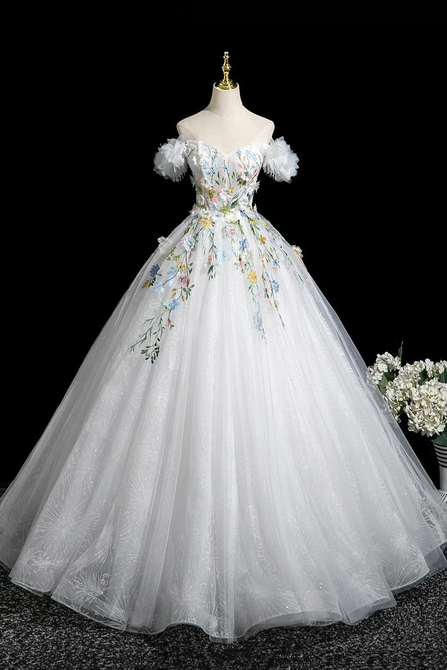 Elegant White Floral A-Line Off the Shoulder Long Party Dress Evening Prom Dress