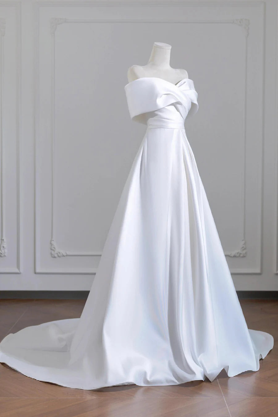 Elegant White Satin A-Line Off the Shoulder Long Wedding Dress Evening Party Dress