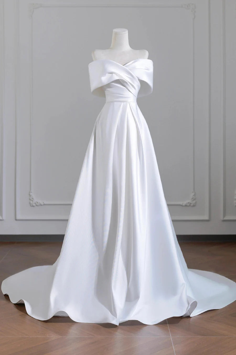 Elegant White Satin A-Line Off the Shoulder Long Wedding Dress Evening Party Dress