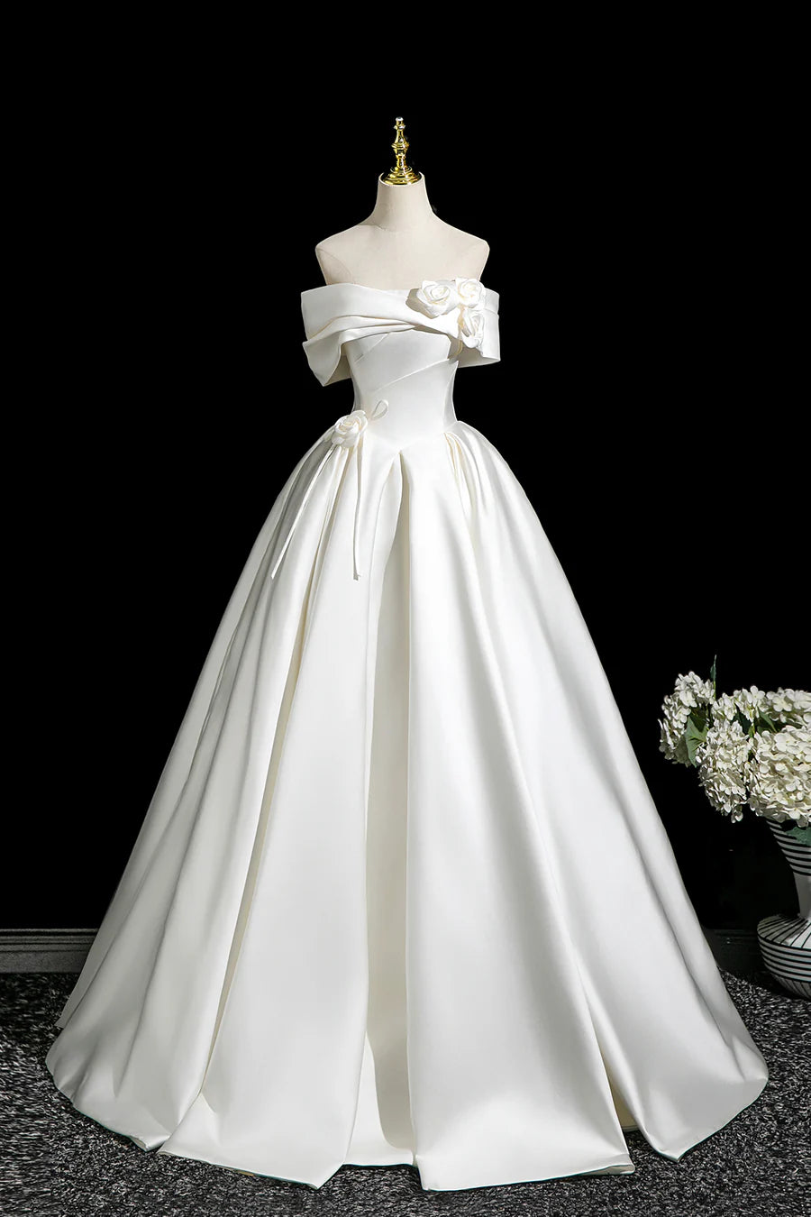 Elegant White Satin Back Lace-up A-Line Off the Shoulder Long Prom Dress Party Dress