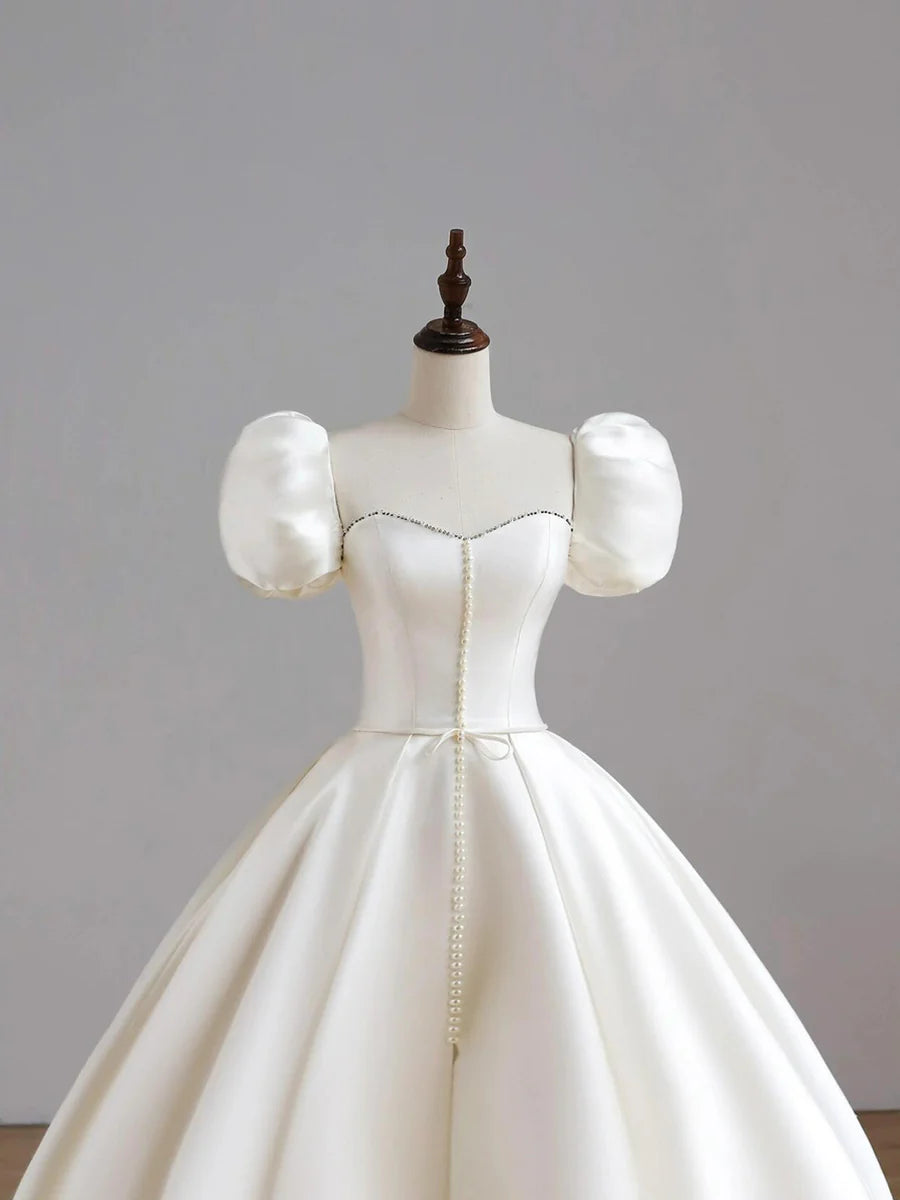 Elegant White Satin Long Formal Wedding Dress Short Sleeve Evening Dress