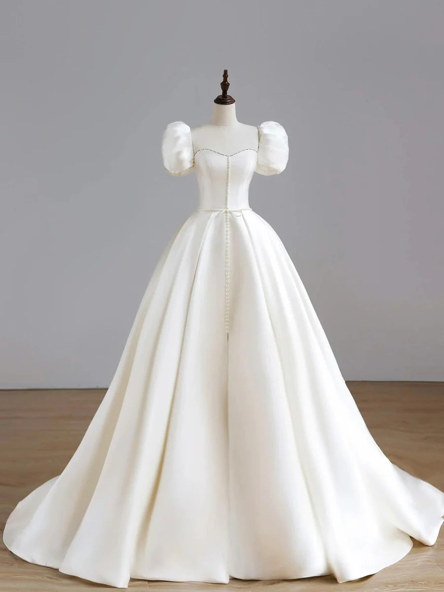 Elegant White Satin Long Formal Wedding Dress Short Sleeve Evening Dress