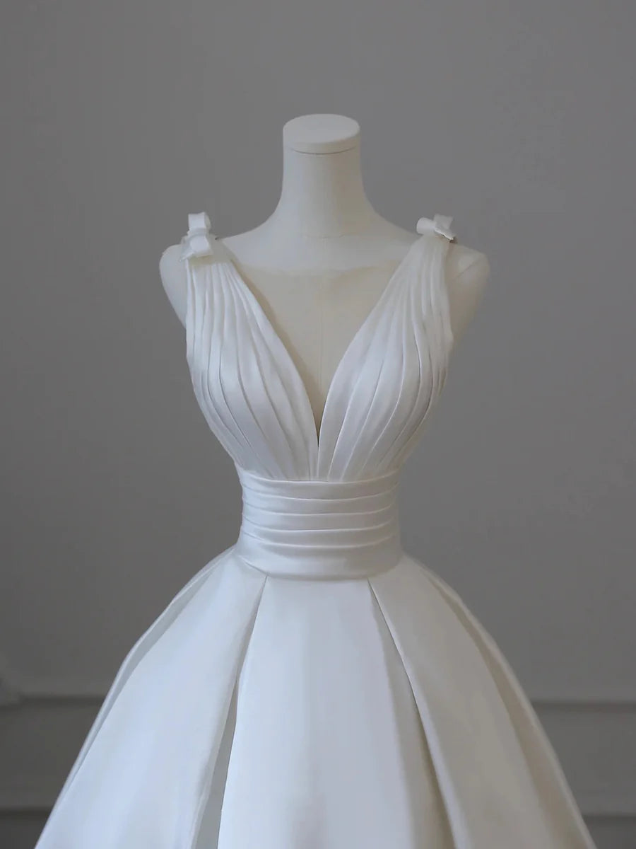 Elegant White Satin Pleated V-Neck A-Line Long Formal Dress Wedding Dress