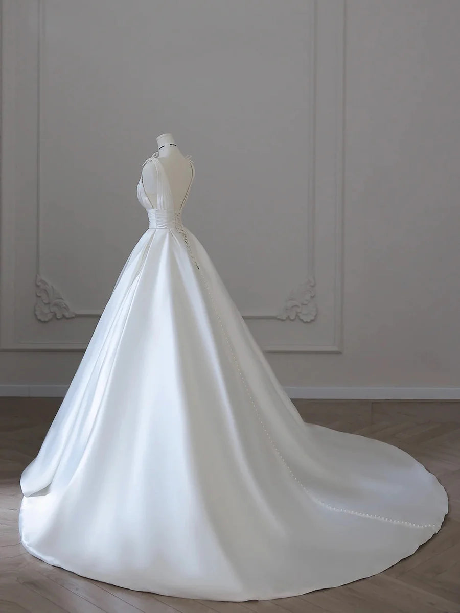 Elegant White Satin Pleated V-Neck A-Line Long Formal Dress Wedding Dress