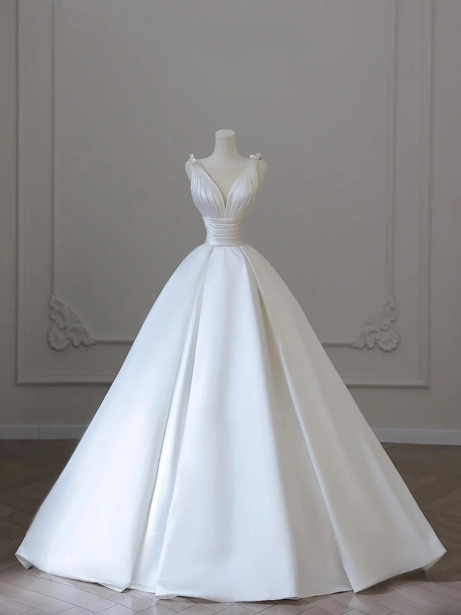 Elegant White Satin Pleated V-Neck A-Line Long Formal Dress Wedding Dress