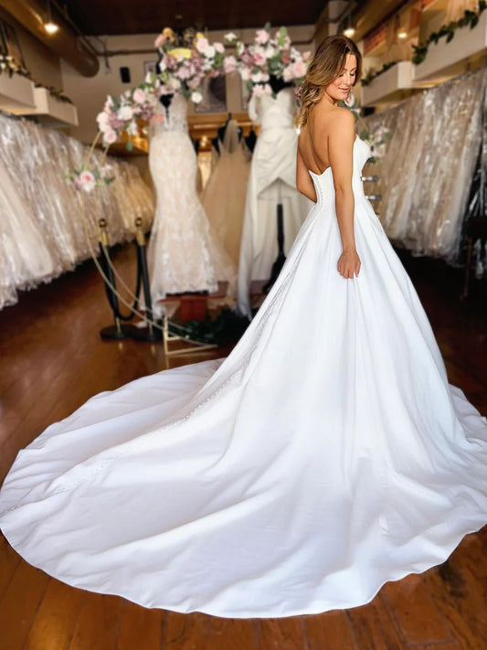 Elegant White Satin V Neck Strapless BodyCon Corset A-Line Long Prom Dress Wedding Dress With Train