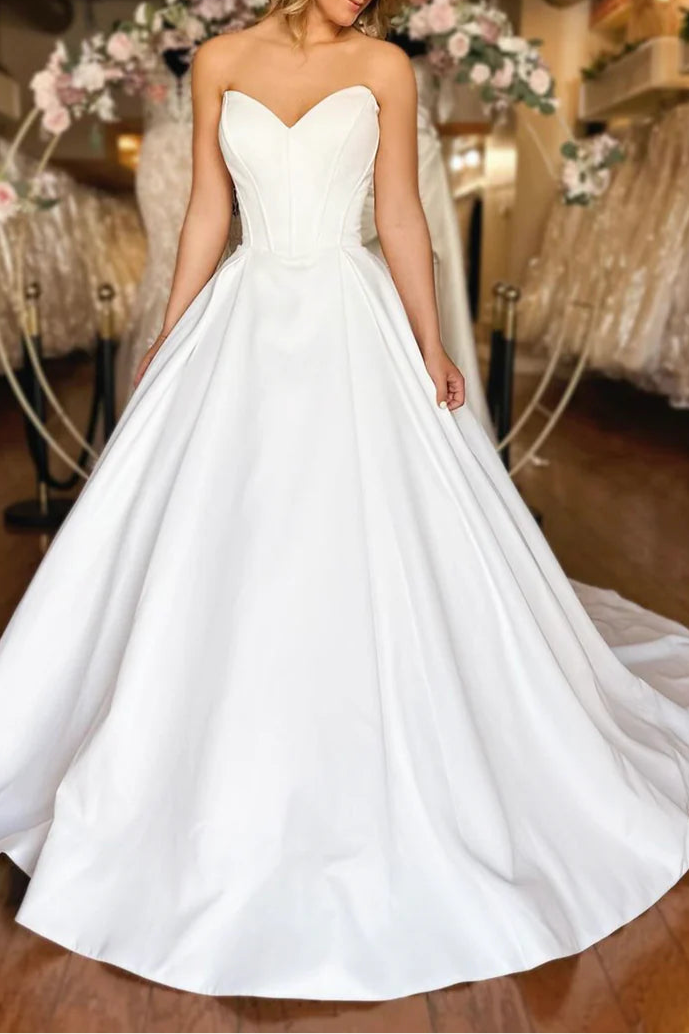 Elegant White Satin V Neck Strapless BodyCon Corset A-Line Long Prom Dress Wedding Dress With Train