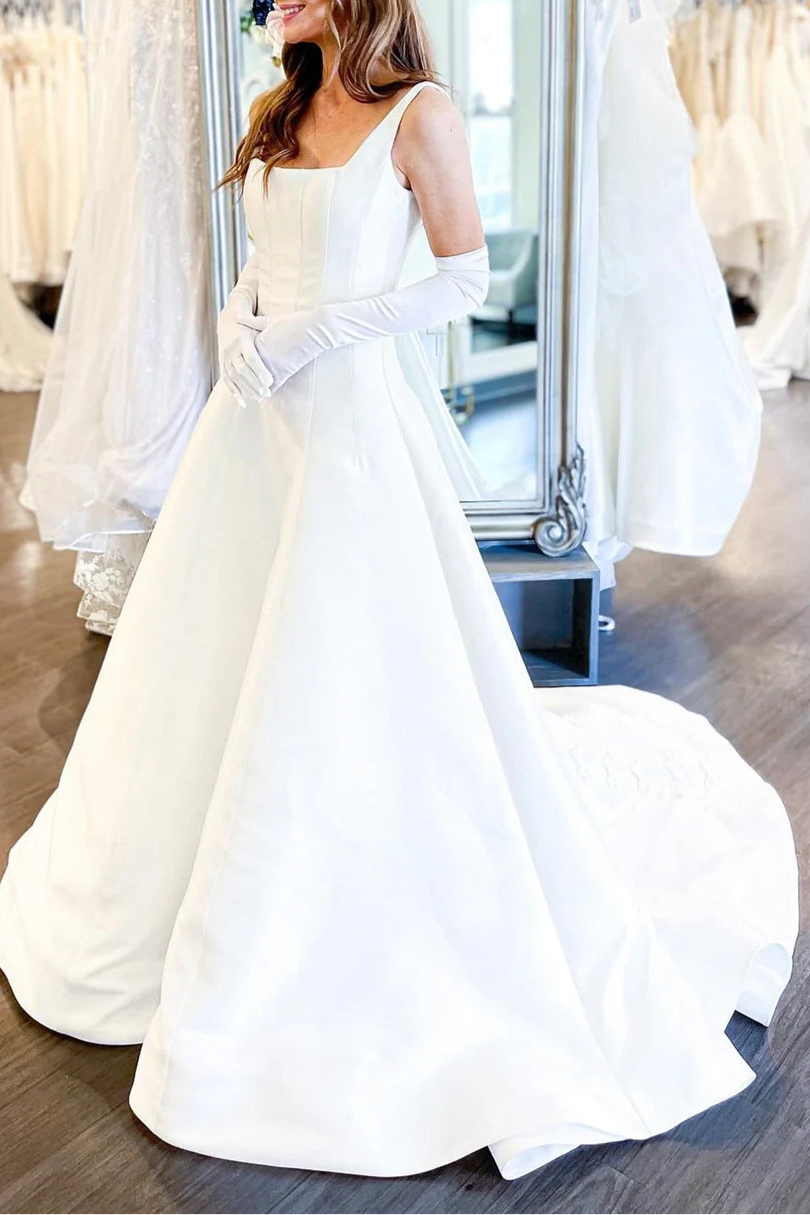 Elegant White Square Neck Bows Back A-Line Floor Length Wedding Dress With Train
