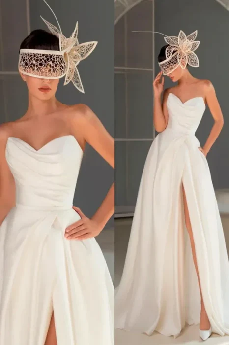 Elegant White Strapless Pleated Split Long Prom Dress Chic Discount Long Party Dress