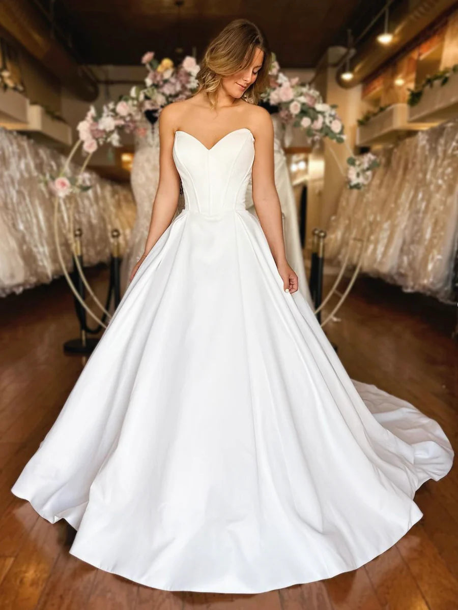 Elegant White Strapless Satin  A-Line Long Wedding Dress Evening Party Dress