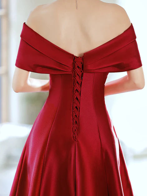 Elegant Wine Red Satin A-line Floor Length Party Dress Off Shoulder Prom Dress