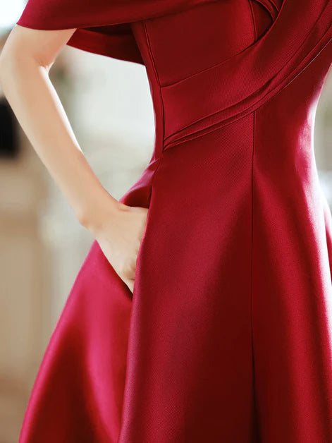 Elegant Wine Red Satin A-line Floor Length Party Dress Off Shoulder Prom Dress