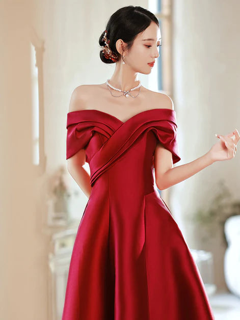 Elegant Wine Red Satin A-line Floor Length Party Dress Off Shoulder Prom Dress