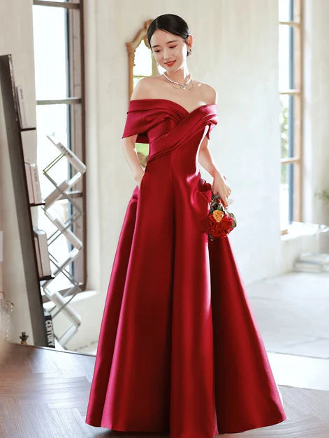Elegant Wine Red Satin A-line Floor Length Party Dress Off Shoulder Prom Dress