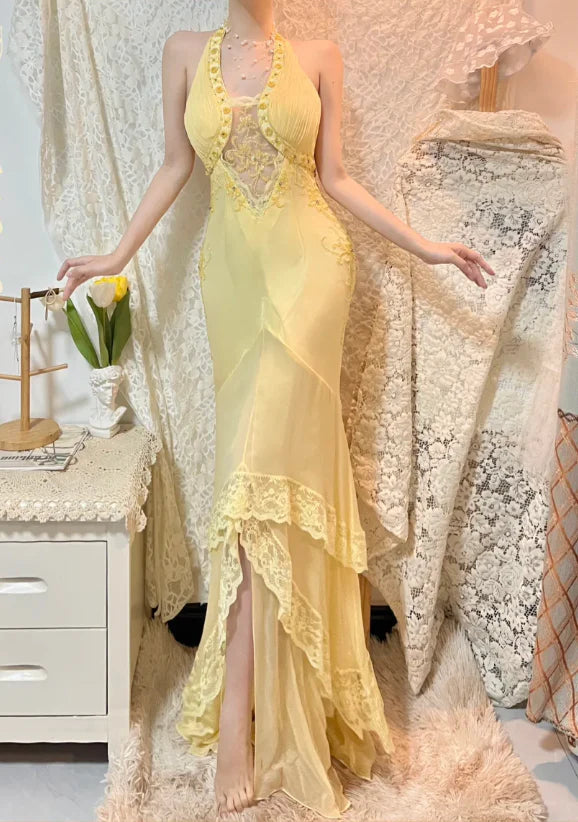 Elegant Yellow Chiffon With Beaded Lace Trim Halter Neck Bias Evening Dress Prom Dress