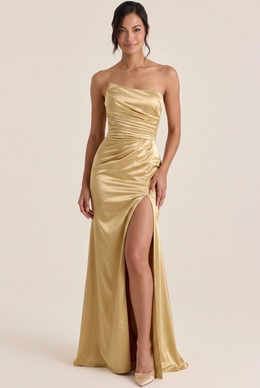 Elegant A-Line Asymmetrical Strapless Ruched Satin Gold Floor-Length Prom Dress