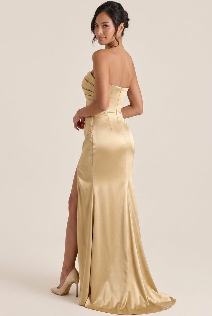 Elegant A-Line Asymmetrical Strapless Ruched Satin Gold Floor-Length Prom Dress