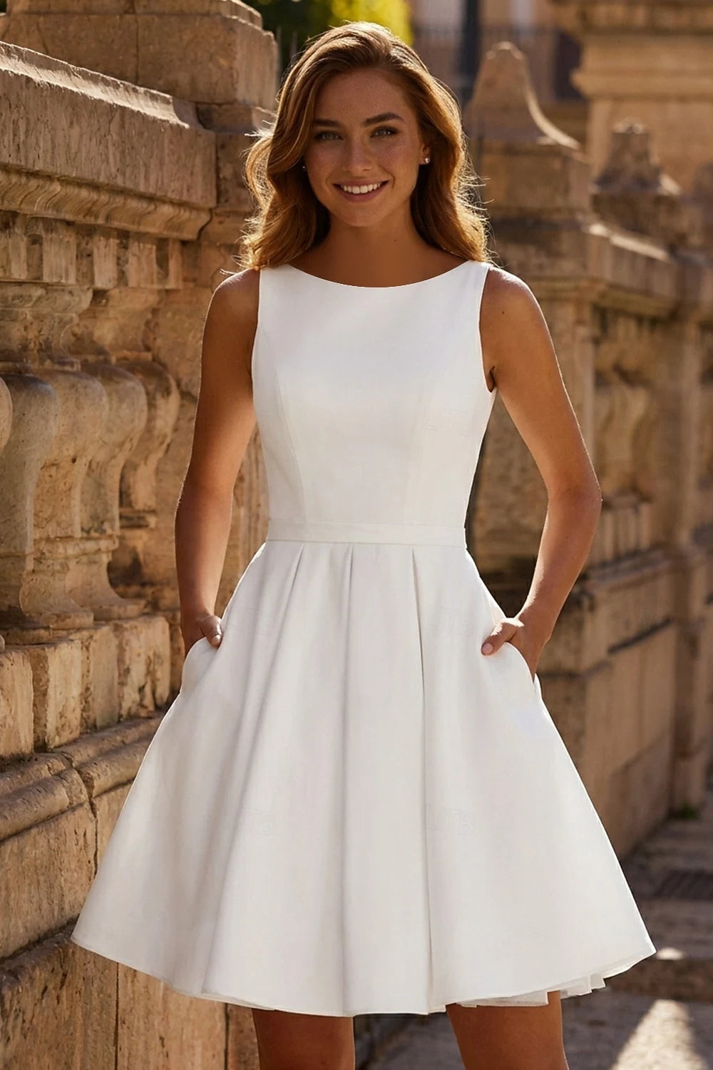 Elegant A-Line Boat Neck Pleated Pockets White Short Homecoming Dress
