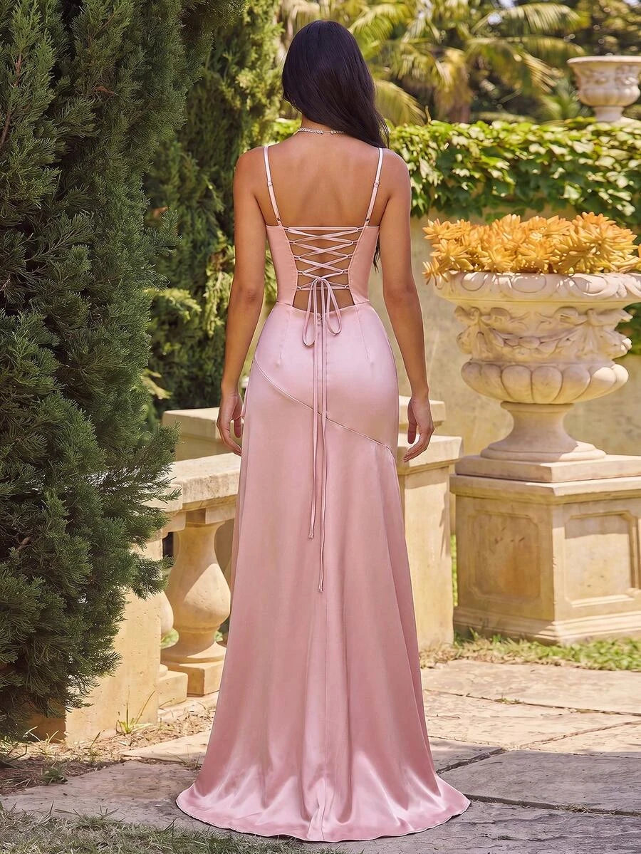 Elegant A-Line Cowl Neck High Slit Ruffled Pink Floor-Length Prom Dress