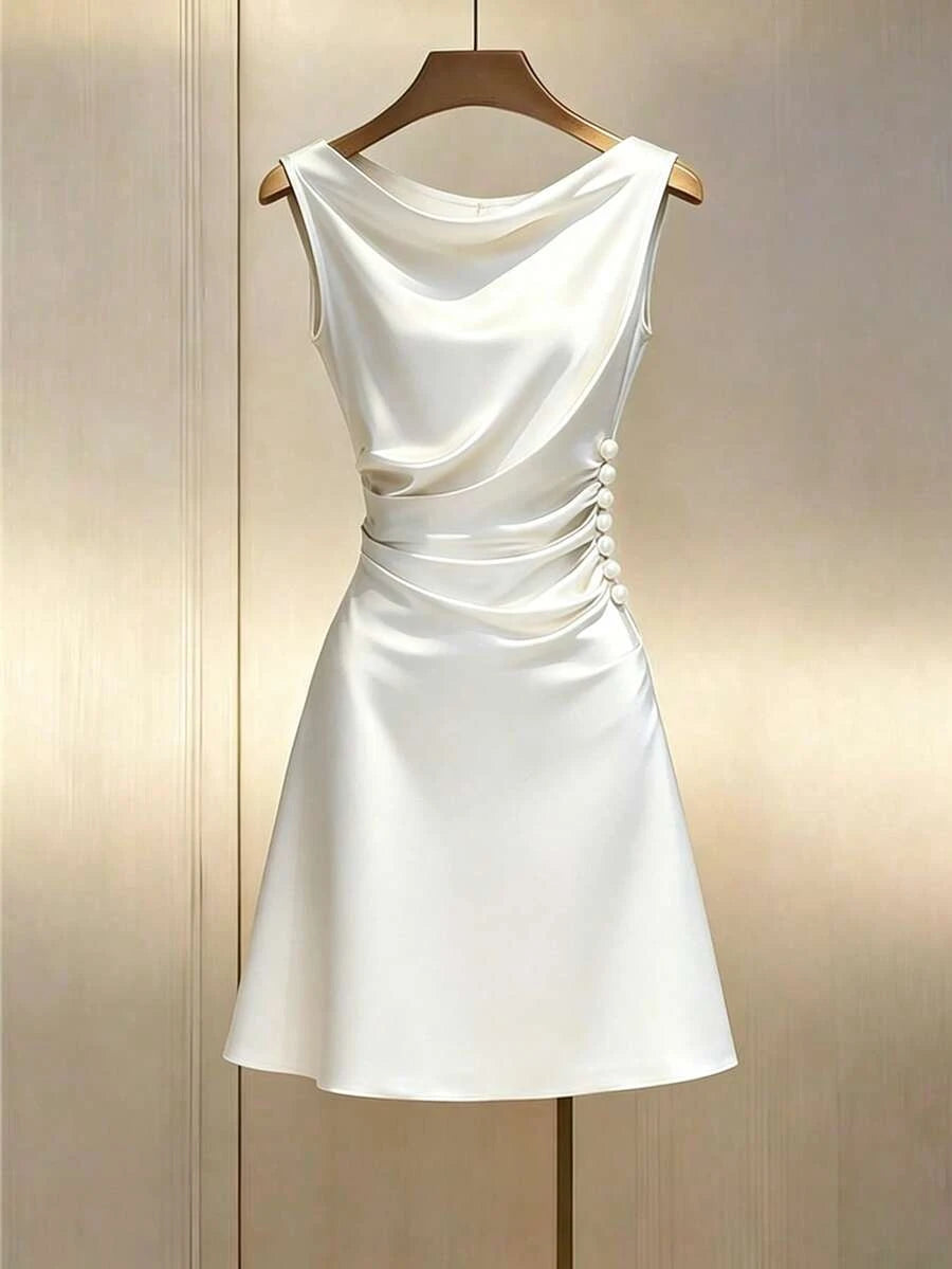 Elegant A-Line Cowl Neck Ruched Pearl Satin Ivory Short Homecoming Dresses
