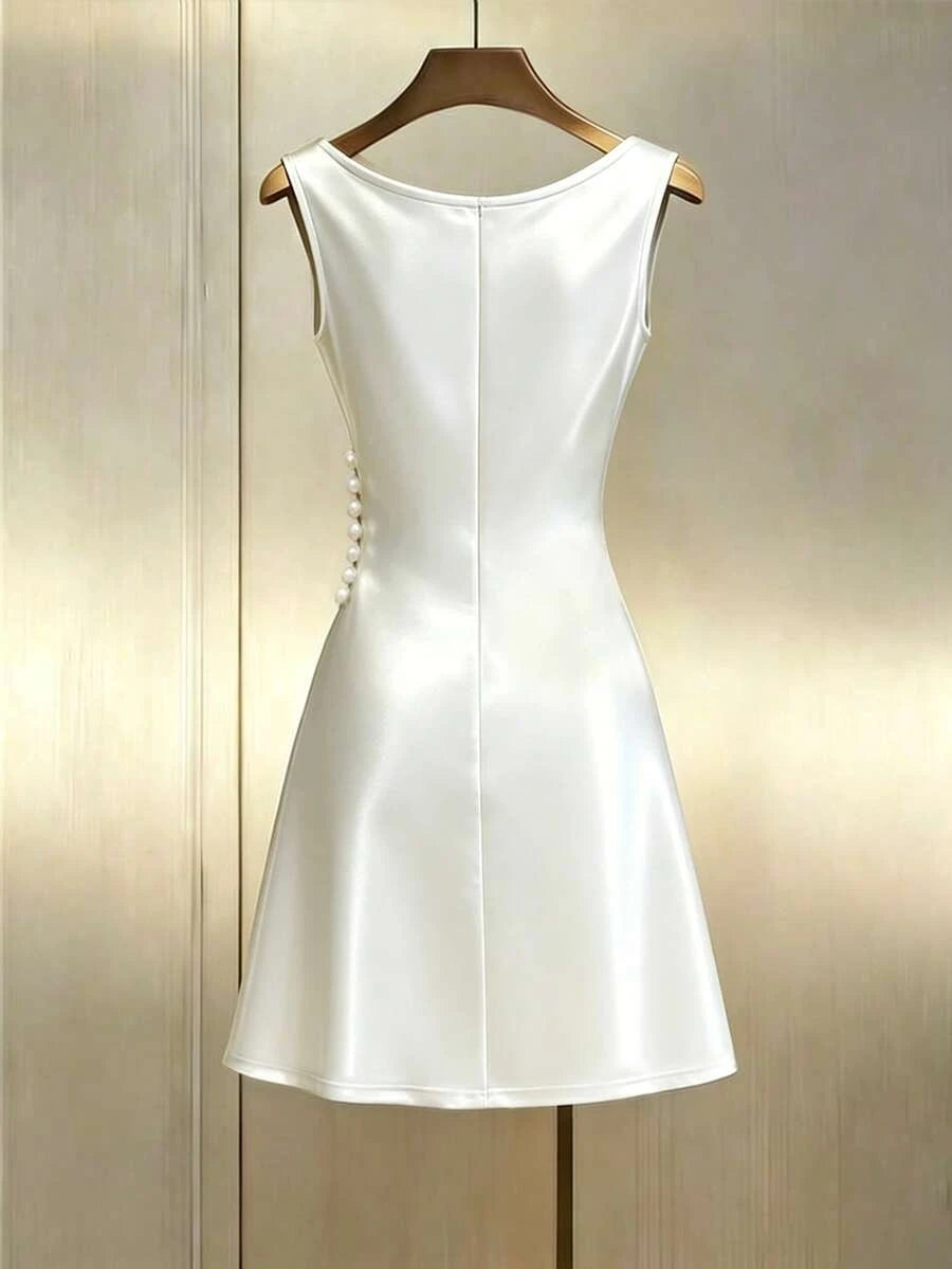 Elegant A-Line Cowl Neck Ruched Pearl Satin Ivory Short Homecoming Dresses