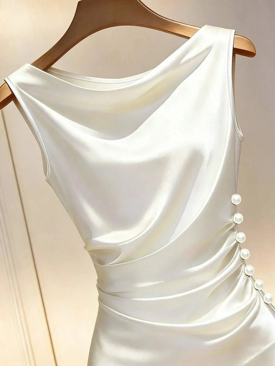 Elegant A-Line Cowl Neck Ruched Pearl Satin Ivory Short Homecoming Dresses