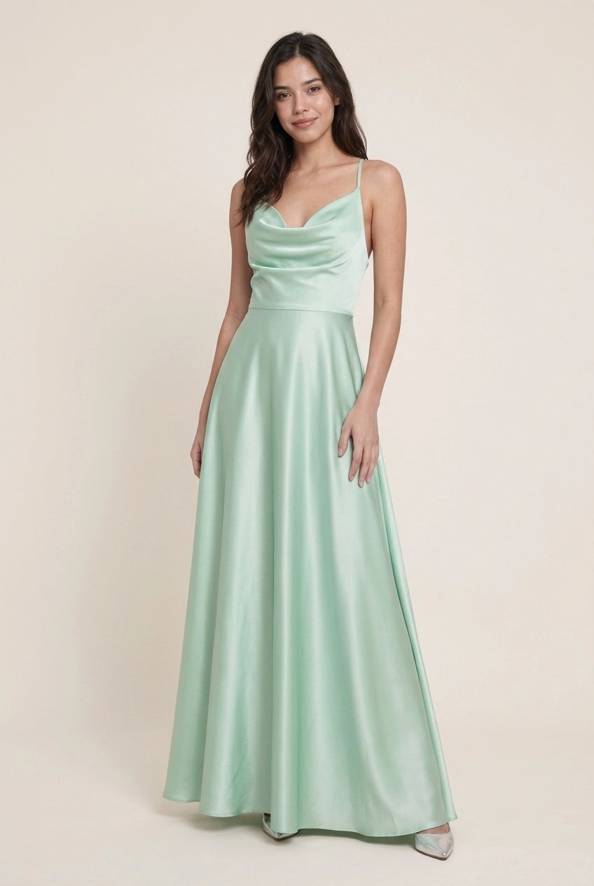 Elegant A-Line Cowl Neck Spaghetti Straps Backless Satin Mint Green Floor-Length Prom Dress