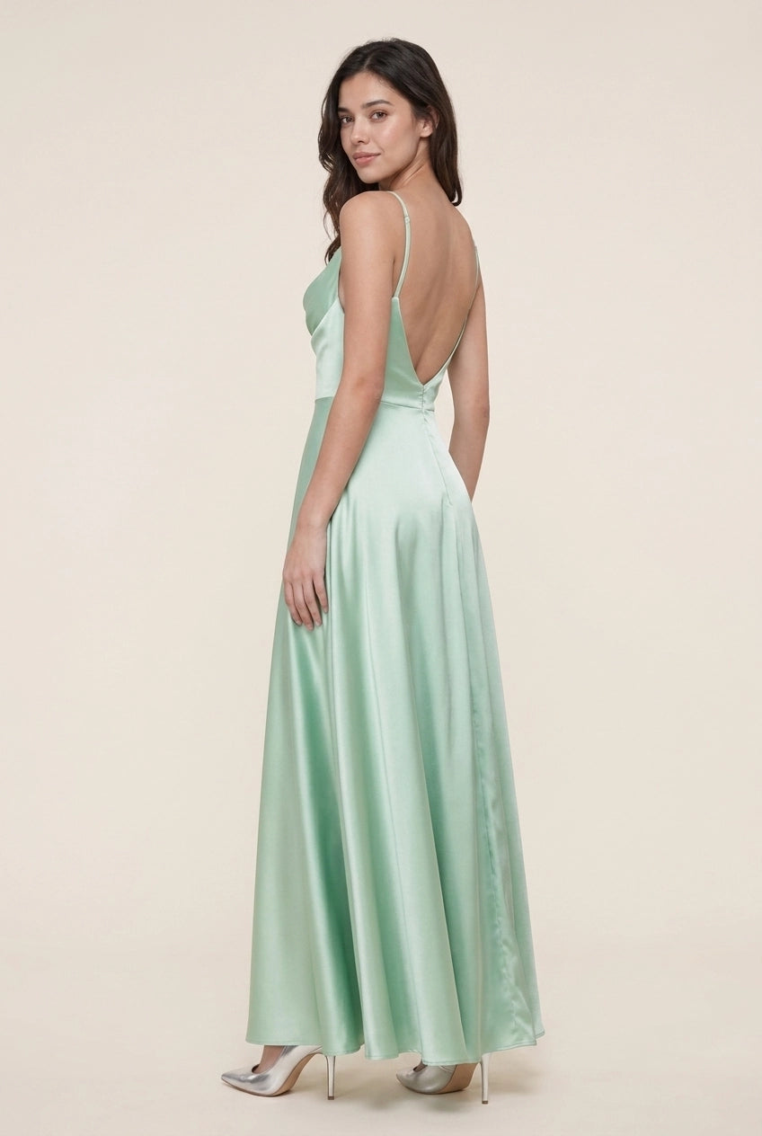 Elegant A-Line Cowl Neck Spaghetti Straps Backless Satin Mint Green Floor-Length Prom Dress
