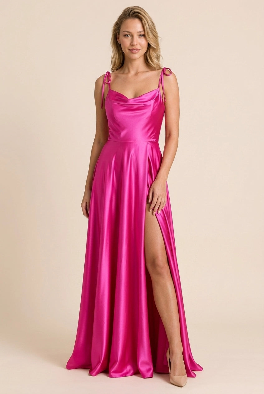 Elegant A-Line Cowl Neck Spaghetti Straps High Slit Satin Fuchsia Floor-Length Prom Dress
