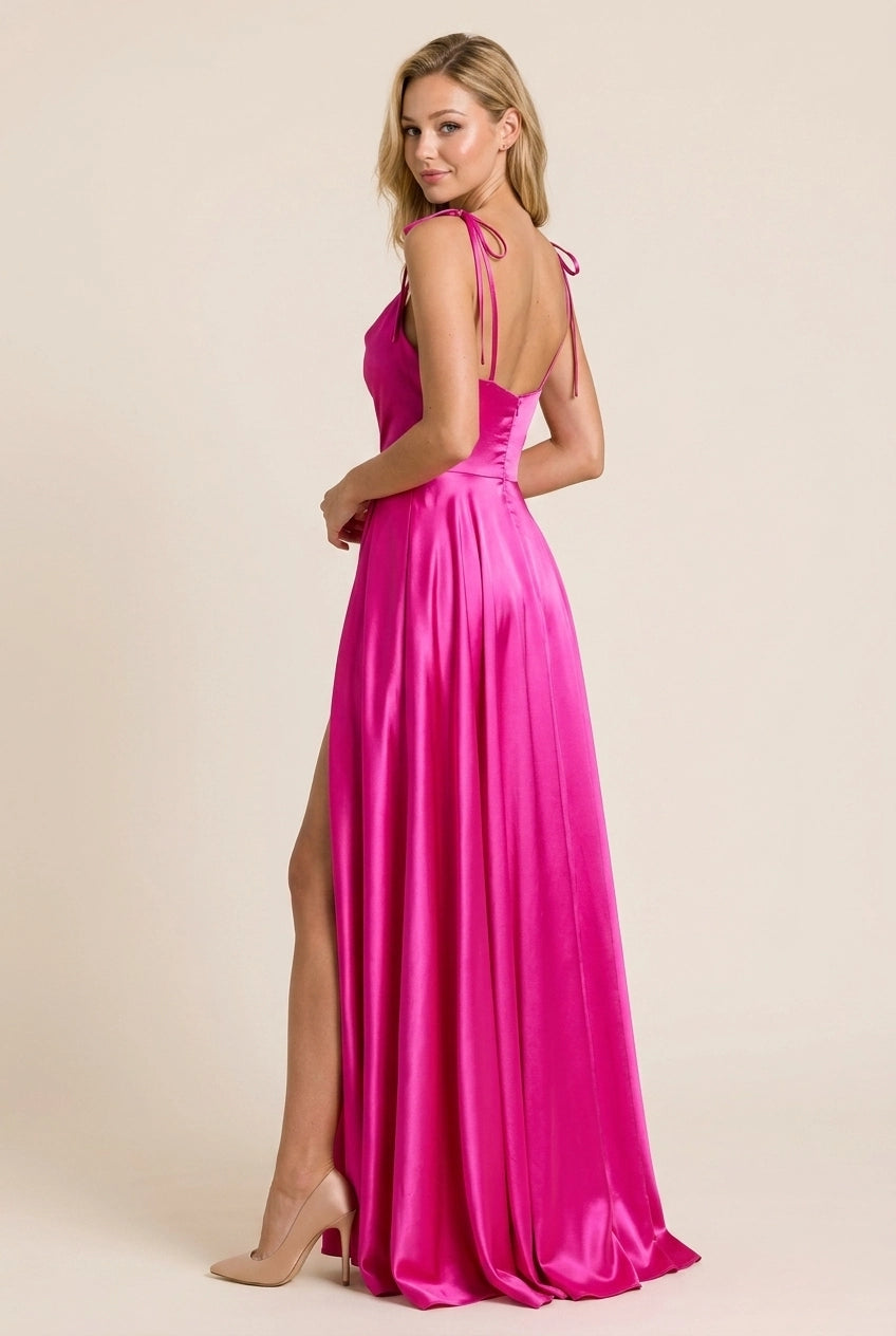 Elegant A-Line Cowl Neck Spaghetti Straps High Slit Satin Fuchsia Floor-Length Prom Dress