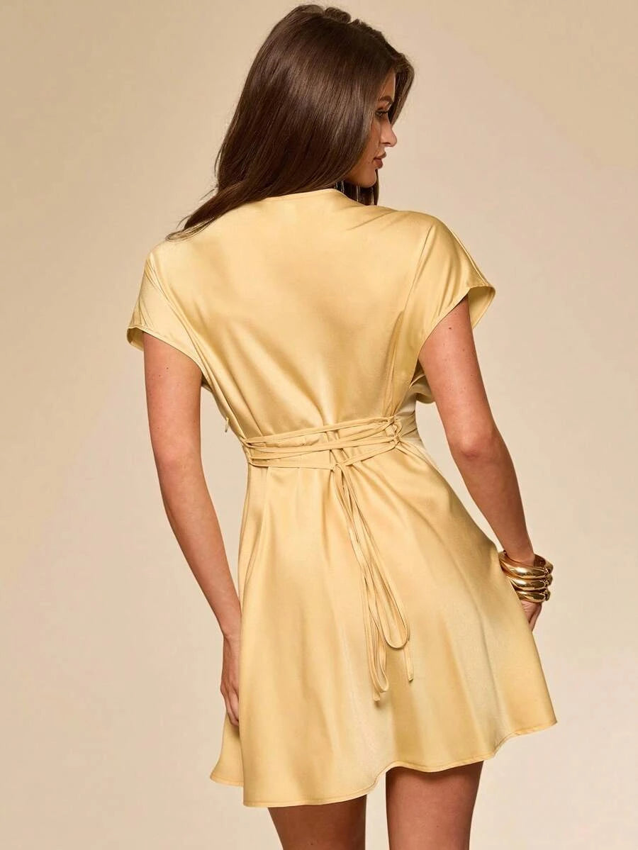 Elegant A-Line Deep V-Neck Short Sleeve Tie Satin Yellow Mini Homecoming Dress