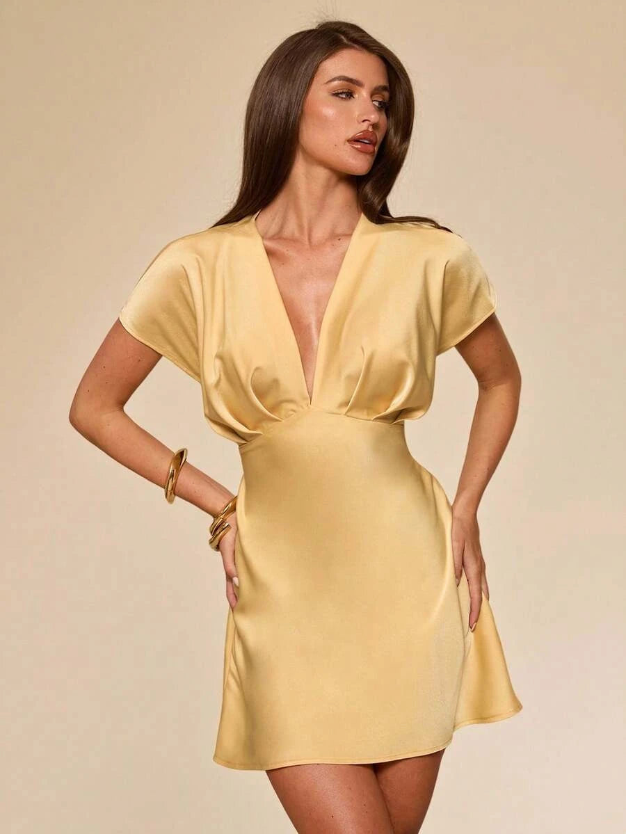 Elegant A-Line Deep V-Neck Short Sleeve Tie Satin Yellow Mini Homecoming Dress