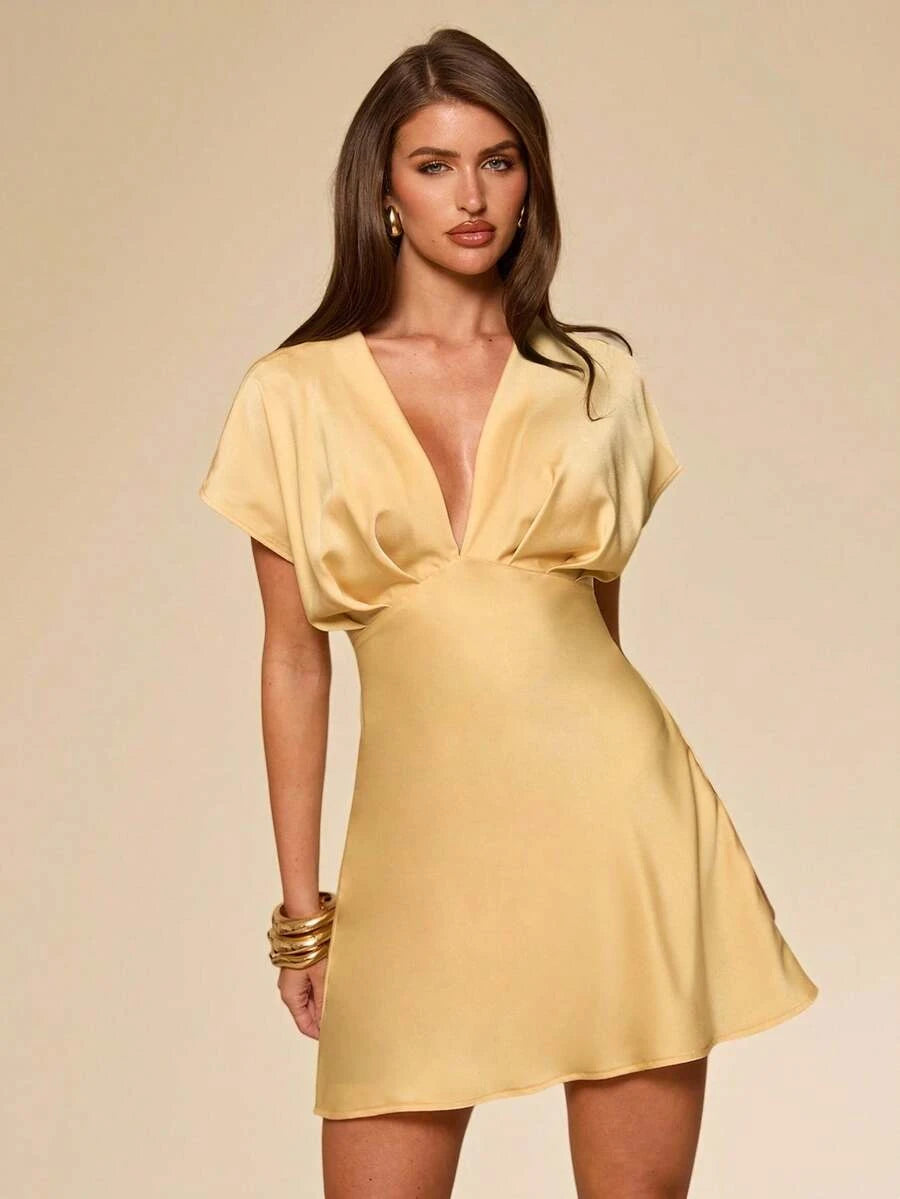 Elegant A-Line Deep V-Neck Short Sleeve Tie Satin Yellow Mini Homecoming Dress