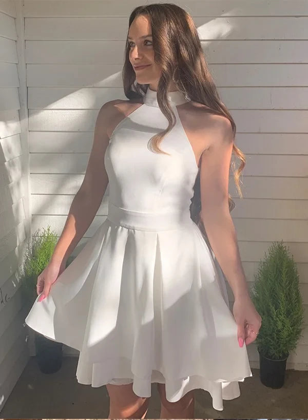 Elegant A-Line Half High Neck Pleated Layered White Short Homecoming Dress