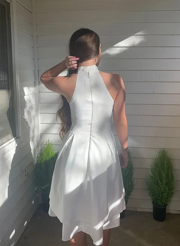 Elegant A-Line Half High Neck Pleated Layered White Short Homecoming Dress