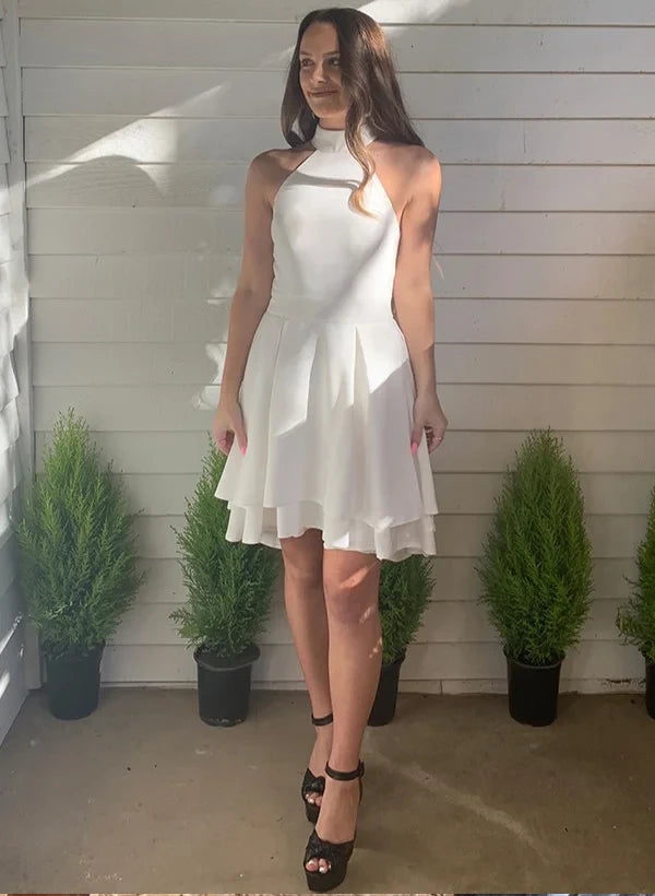 Elegant A-Line Half High Neck Pleated Layered White Short Homecoming Dress