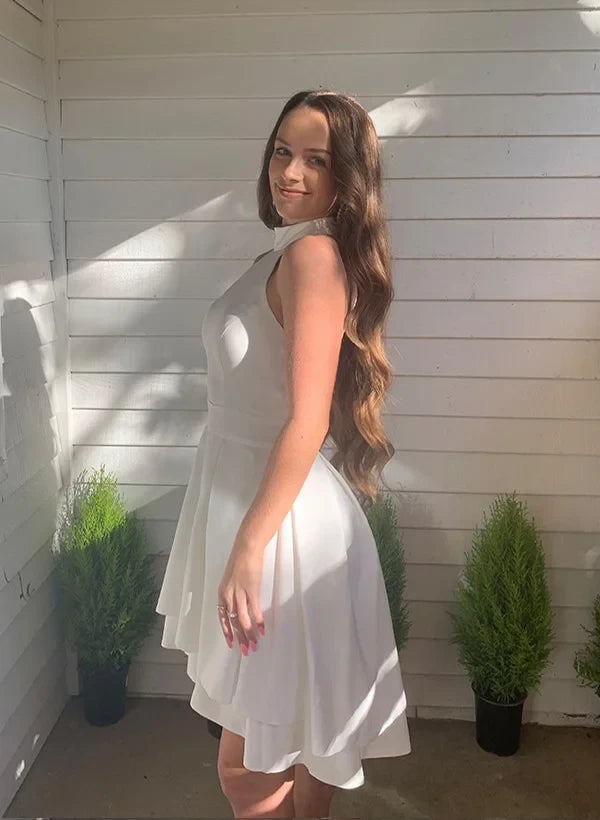 Elegant A-Line Half High Neck Pleated Layered White Short Homecoming Dress