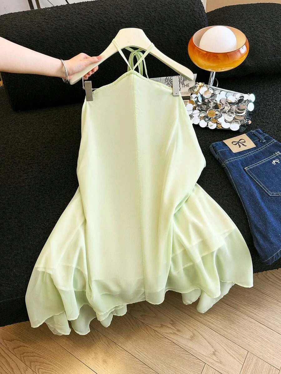 Elegant A-Line Halter Backless Flowy Light Green Short Homecoming Dresses