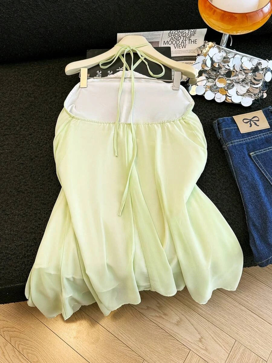 Elegant A-Line Halter Backless Flowy Light Green Short Homecoming Dresses