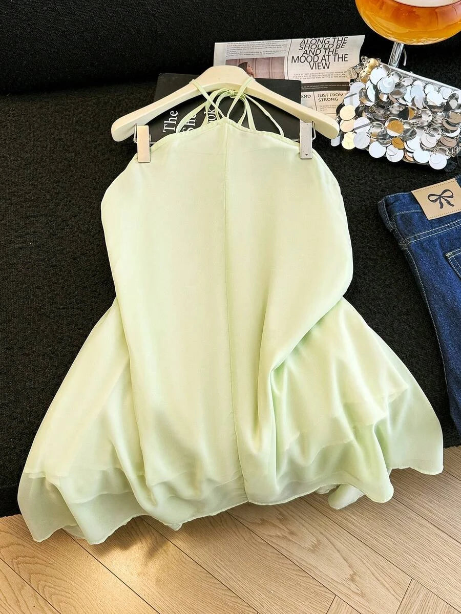 Elegant A-Line Halter Backless Flowy Light Green Short Homecoming Dresses