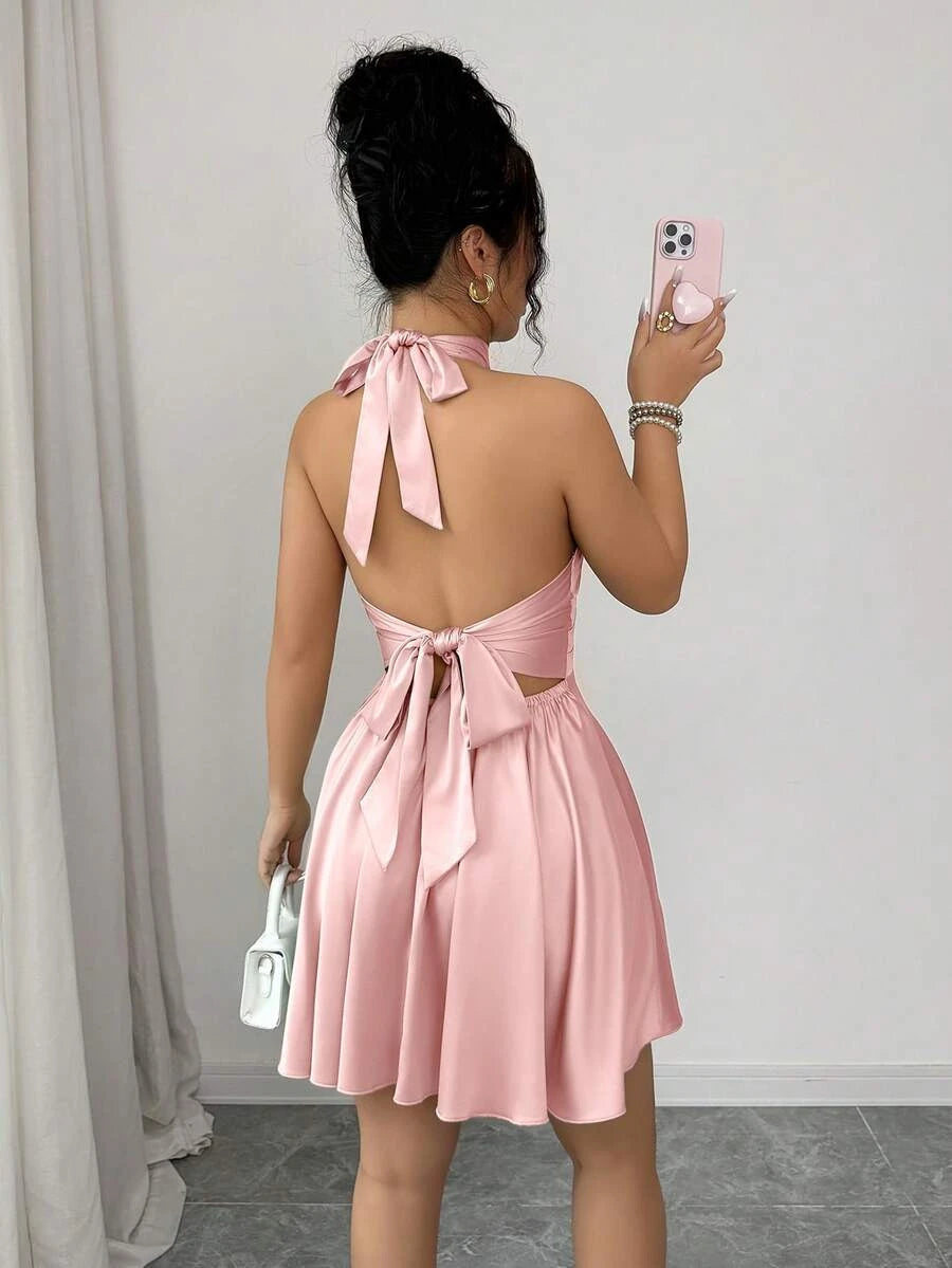 Elegant A-Line Halter Backless Ruched Satin Pink Short Homecoming Dress With Tie