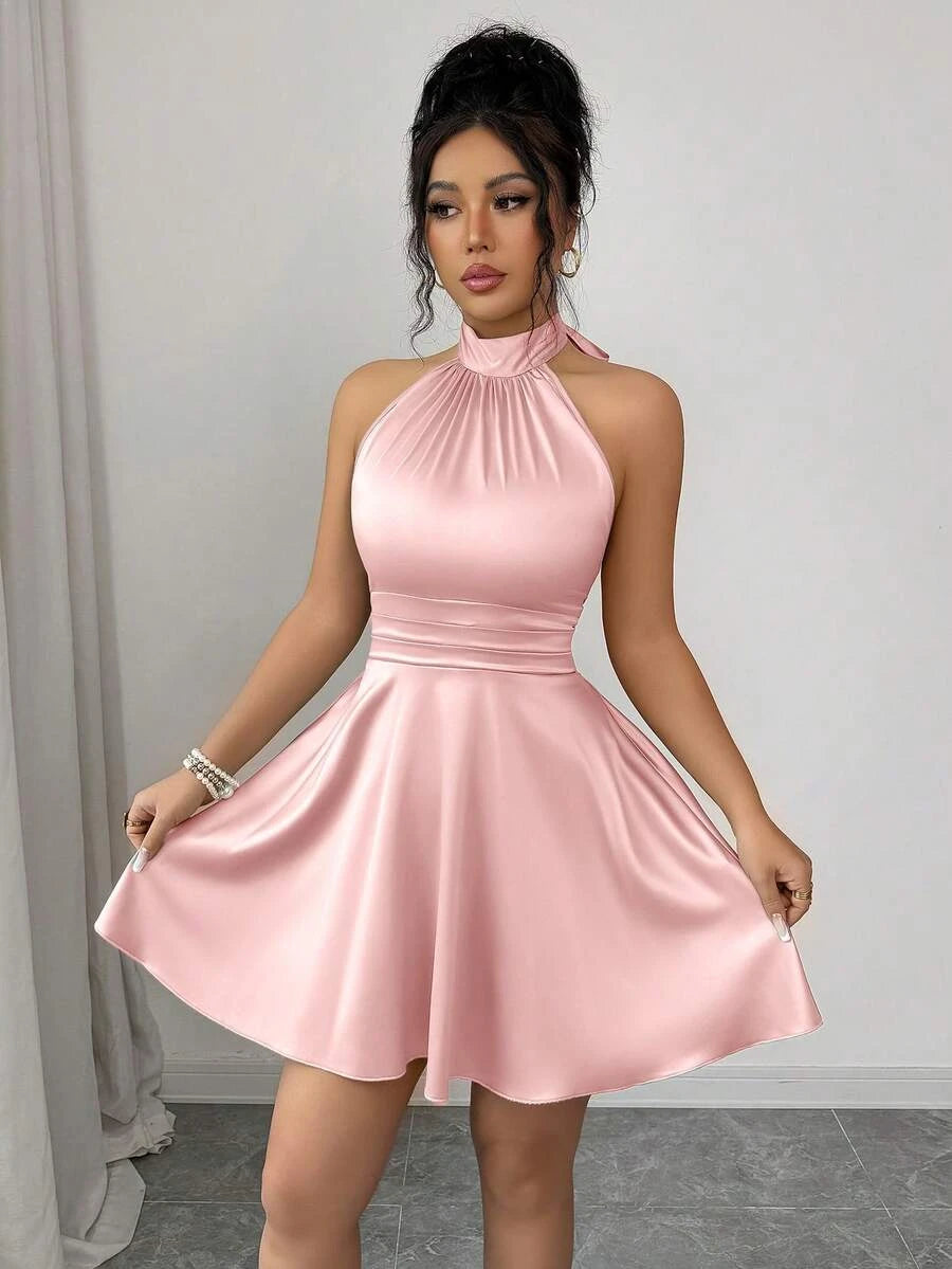 Elegant A-Line Halter Backless Ruched Satin Pink Short Homecoming Dress With Tie
