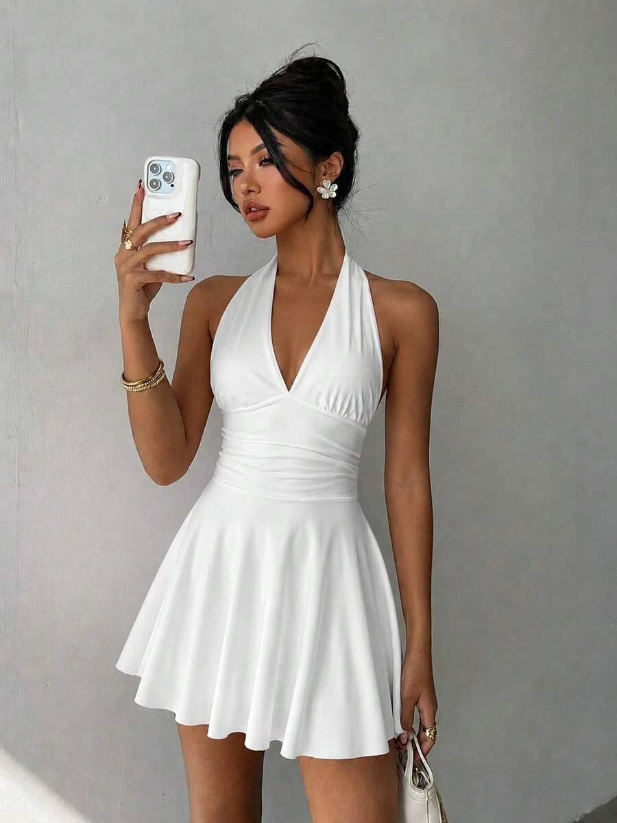 Elegant A-Line Halter Backless Tie Ruched White Mini Homecoming Dresses
