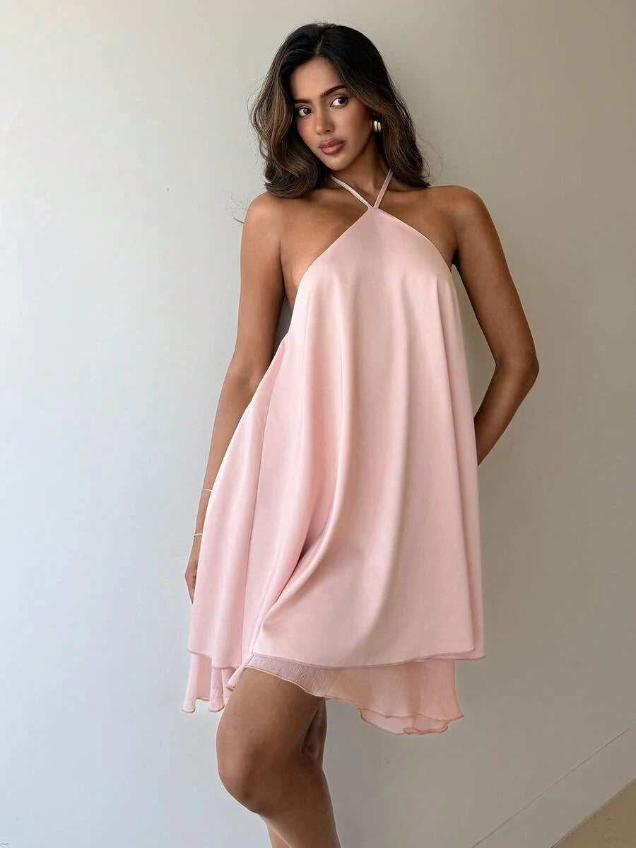 Elegant A-Line Halter Backless Tiered Blush Pink Short Homecoming Dress
