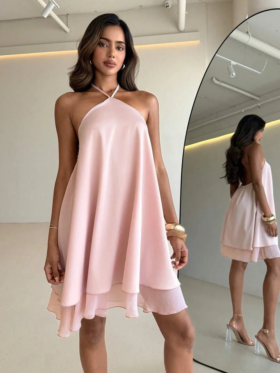 Elegant A-Line Halter Backless Tiered Blush Pink Short Homecoming Dress